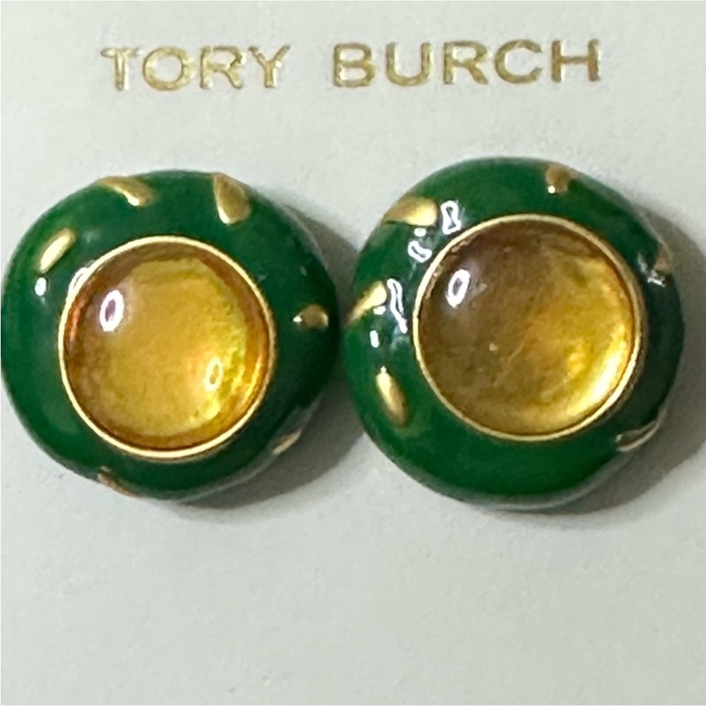 ( final sale )  Tory Burch Green and Gold  Roxanne Stud Earrings